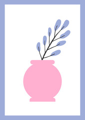 Minimalistic modern illustration of a branch in a pink vase. Vector poster or flat postcard