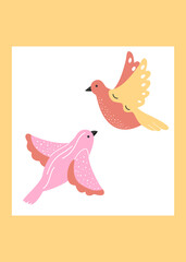Easter poster with colorful flying birds on a yellow background. Vector illustration of a vintage dove of peace.