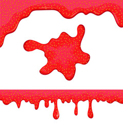 Drops of strawberry jam. Flowing syrup. Horizontal border. A blot, a blob. Vector set