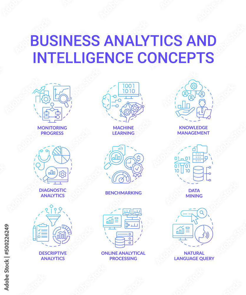 Poster business analytics and intelligence blue gradient concept icons set. analysis idea thin line color i