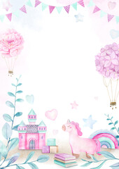 Watercolor frame of children's toys unicorn, castle, house, rainbow