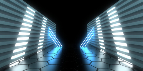 3D abstract background with neon lights. neon tunnel  .space construction . .3d illustration