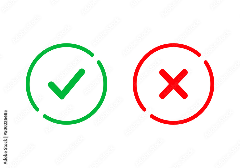 Poster yes or no icon. green tick symbol and red cross sign in circle. checkmark and check icon. approval. 