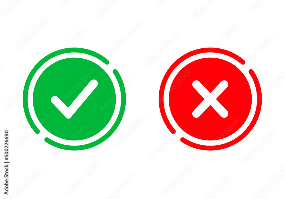 Poster yes or no icon. green tick symbol and red cross sign in circle. checkmark and check icon. approval. 
