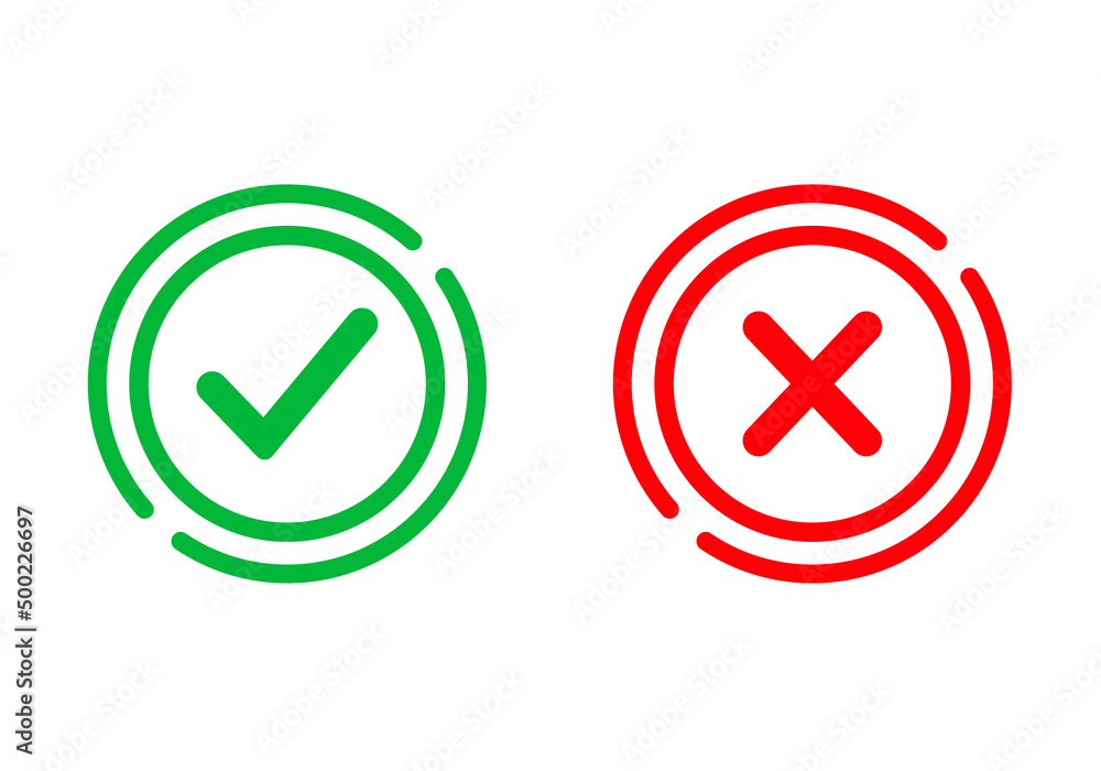 Poster yes or no icon. green tick symbol and red cross sign in circle. checkmark and check icon. approval. 