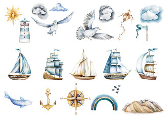 Ship watercolor.ship.children's dreams.dream.clouds,sea adventures,nautical clipart isolated on white background,boat, seagull, underwater world.Adventure.watercolor set of postcards - 500226824