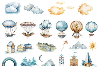 Watercolor collection with air balloons,clouds,rainbow, flower in pastel colours.Handpainted air ballons beautifully decorated on white background,pastel clouds and multicolored flags.Watercolor set