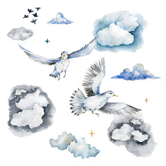 watercolor seagulls, birds in the sky, marine theme, summer, clouds, flight, wing flap, clear sky