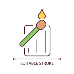 Ignited match and box RGB color icon. Supplies to light fire. Supplies to burn flame at camp. Isolated vector illustration. Simple filled line drawing. Editable stroke. Arial font used