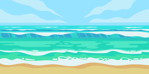 Fototapeta na wymiar Vector illustration of a beach and a sea coast landscape with sea or ocean waves and golden sand. Creative summer banner or landing page for tour operator or travel agency. Summer theme background.
