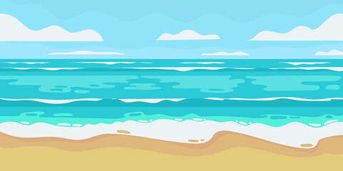 Vector illustration of a beach and a sea coast landscape with sea or ocean waves and golden sand. Creative summer banner or landing page for tour operator or travel agency. Summer theme background. - obrazy, fototapety, plakaty