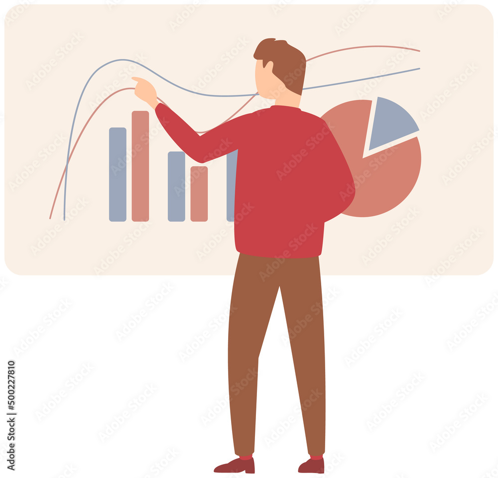 Poster man standing next to flipchart with diagram. presentation board with statistical data. business repo