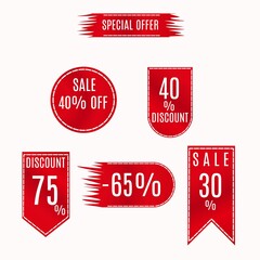 Sales tag set. Ribbon sale banner. Red ribbon prices and discount labels. Red starburst sticker. Vector illustration.