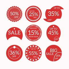 Sales tag set. Ribbon sale banner. Red ribbon prices and discount labels. Red starburst sticker. Vector illustration.