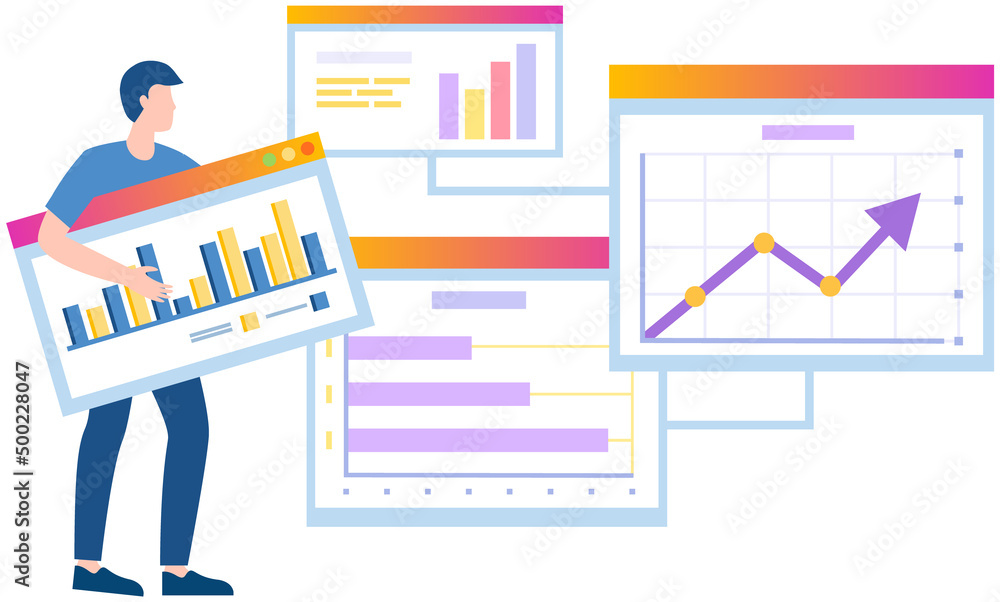 Poster visualize with business analytics. people work with statistical data analysis, changing indicators. 
