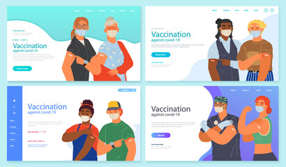 Stop coronavirus agitation concept. Vaccination promo, immunization of workers. Vaccine saves lives. People wearing protective mask showing their arm with bandage after receiving covid-19 vaccine