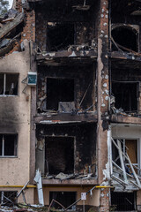 Irpin, Kyev region  Ukraine - 09.04.2022: Cities of Ukraine after the Russian occupation. Destroyed buildings on the streets of Irpen. Broken, shelled windows. Buildings after being hit by missiles.