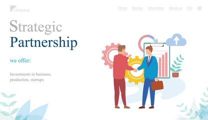 Strategic partnership concept. Teamwork, collaboration, cooperation, joint search for creative strategy. Business website landing page template. Partners shaking hands after signing contract agreement