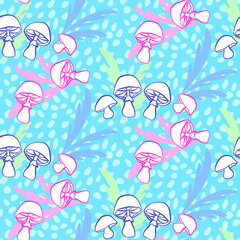 Vector seamless half-drop pattern, with mushrooms