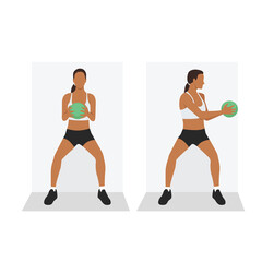 Fototapeta na wymiar Woman doing Medicine ball Wall sit rotation exercise. Flat vector illustration isolated on white background. workout character set