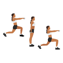 Woman doing Alternating lunge front raise exercise. Flat vector illustration isolated on white background