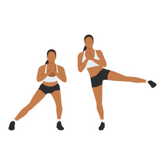 Woman doing Side lunge to leg lifts exercise. Flat vector illustration isolated on white background - obrazy, fototapety, plakaty
