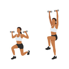 Fototapeta na wymiar Woman doing Reverse lunge shoulder press exercise. Flat vector illustration isolated on white background