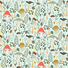 Vector seamless half-drop pattern, with mushrooms and leaves