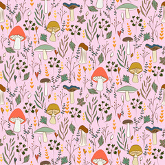 Vector seamless half-drop pattern, with mushrooms and leaves
