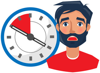 Time management concept. Upset man portrait near clock with red area. Scared guy before deadline. Man is afraid of late work. Shocked face expression of adult person. Clock as symbol of deadline