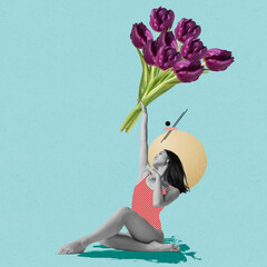 Design for greeting card. Young beautiful young cheerful girl with flowers dreaming isolated on light background. Summer, holiday, vacations concept