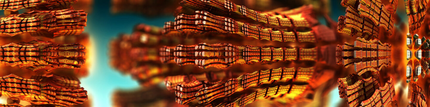 Banner of congruent golden plates arranged spatially in rows and stacks, shallow depth of field, 3d fractal graphic, part of a huge fractal, JPEG Grafik