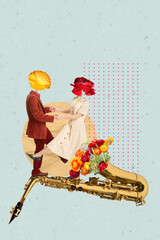 Contemporary art collage. Dancing couple in retro 70s, 80s styled clothes with flowers instead heads isolated over light background. Surrealism - obrazy, fototapety, plakaty