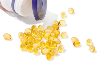 Close up of  oil filled capsules suitable for: fish oil, omega 3, omega 6, omega 9,  vitamin A,...