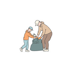 woman and child put garbage in bag clean environment from trash and waste. Vector doodle line illustration of solving environmental problems.
