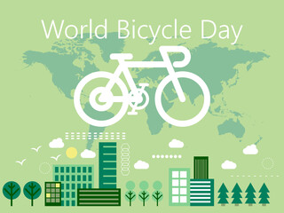 World Bicycle Day vector. Green bicycle icon vector. Bike silhouette and world map. Bicycle and Earth, Green city. Eco Friendly life