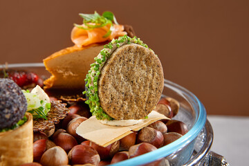 Appetizers set on luxury plate with hazelnut. Creative platter of appetizers from inspirational chef. Salmon cheesecake, fish tartar, pastrami crocket, liver pate, baked mini-paprika