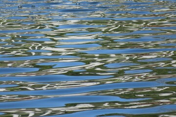 Closeup of blue river water background texture with patterns