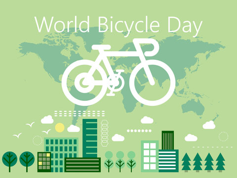 World Bicycle Day Vector. Green Bicycle Icon Vector. Bike Silhouette And World Map. Bicycle And Earth, Green City. Eco Friendly Life