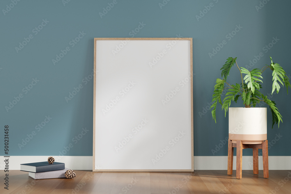 Poster 3d render of blank picture frame and vase of plants on wooden floor in the room.