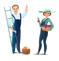 Man and woman villager farmer in overalls. Agricultural worker. Cheerful person. Standing pose. Cartoon comic style. Illustration isolated white background. Vector