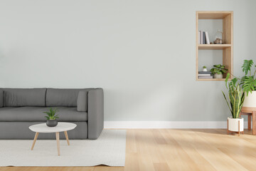 3d render of sofa and interior plants in contemporary room.