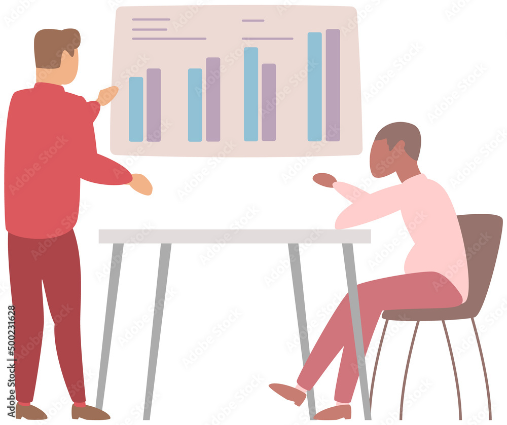 Poster manager makes presentation of statistical report analysis charts. planning business. teamwork consul