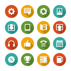 Flat icons vector set and long shadow effect for web site design, infographics, ui and mobile apps. Objects, business, office, communication and marketing items