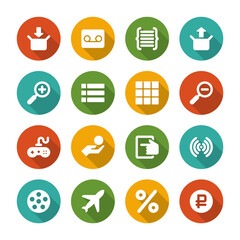 Flat icons vector set and long shadow effect for web site design, infographics, ui and mobile apps. Objects, business, office, communication and marketing items