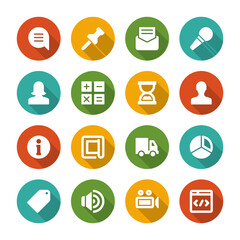 Flat icons vector set and long shadow effect for web site design, infographics, ui and mobile apps. Objects, business, office, communication and marketing items