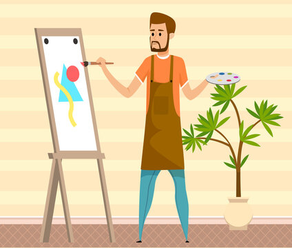 Artist stands near easel and draws picture. Funny man painter holding brush and palette. Process of creating artwork. Guy works with abstract image in creative studio. Hobby and painting art concept