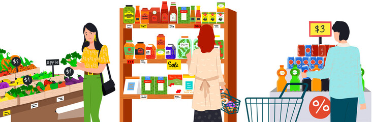Supermarket, grocery store with food on shelves. Sale, discounts in food store. Shop in mall for selling groceries. People make purchases, choose goods, buy products in supermarket vector illustration