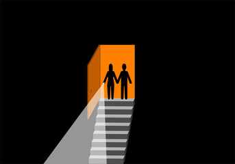Silueta de pareja de hombre y mujer cogidos de la mano frente a las escaleras del oscuro sótano portando la mujer una linterna encendida. Para portada de novela de misterio y aventuras