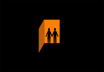 Silueta de pareja de hombre y mujer  cogidos de la mano y con la puerta abierta del sótano listos para bajar
